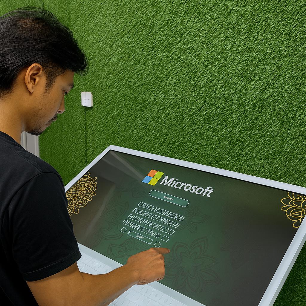 Guest receiving printed Arabic calligraphy artwork at a live event in Dubai, showcasing AI-powered personalized calligraphy in an elegant cultural setting.